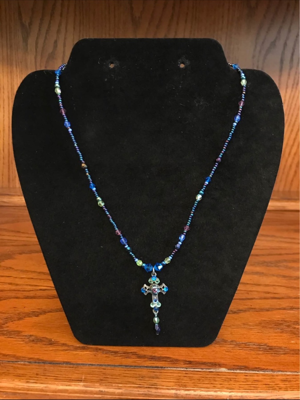 F.A.I.T.H Vintage Beaded Blue Cross Pendant Necklace